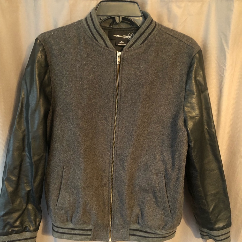 Boys Bomber coat with faux leather sleeves.
